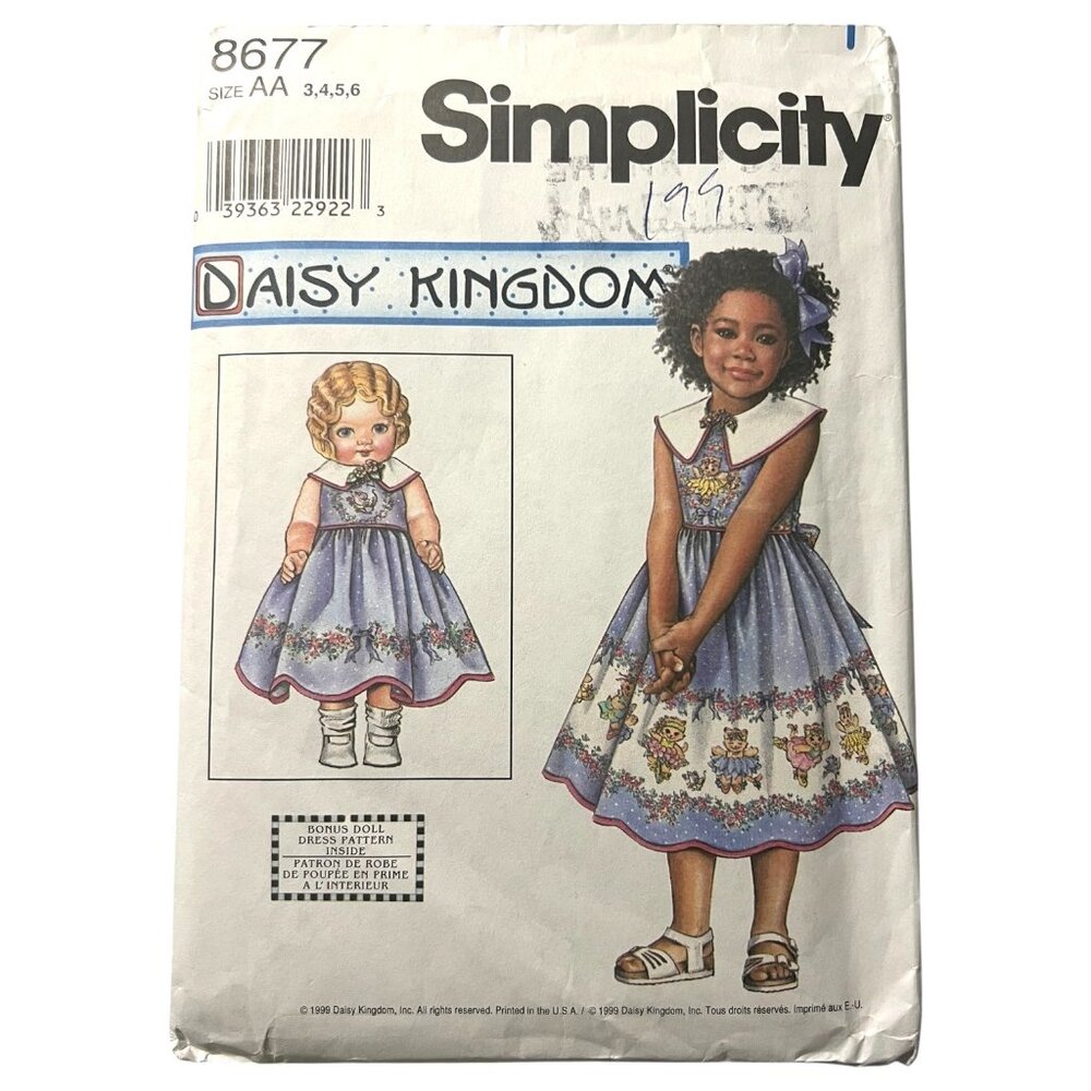 Daisy‎ Kingdom Simplicity 8677 Sewing Pattern Girl Dress Size 3-6 Doll Dress 18”